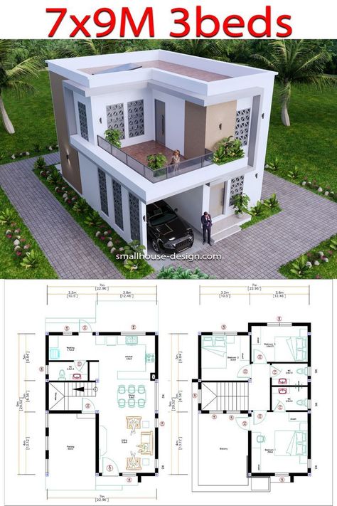 House Design 11x15 With 3 Bedrooms Terrace Roof - House Plans 3d 07B House Porch Design, Luxury Ranch House Plans, Affordable House Design, Smaller Houses, House Plans 3d, Small House Design Philippines, Terrace Roof, Philippine Houses, Small Cottage House Plans