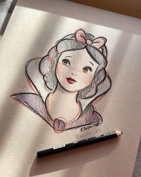 Disney Sketches Princess, Disney Princess Sketches Simple, Drawing Ideas Disney Princesses Sketch, Disney All Princess, Princesses Drawing, Disney Characters Drawings, Drawing Snow White, Snow White Cute Drawing, Drawing Disney Princesses