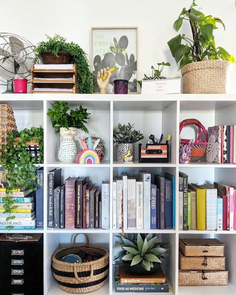 I'm having fun styling my new cube shelf for my office space. I picked up a few goodies from @typoshop like my little cassette tape… Cube Storage Decor, Ikea Cubes, Cube Shelf, Shelf Decor Living Room, Bookcase Styling, Cube Bookcase, Cube Shelves, Bookshelf Styling, Kallax Ikea