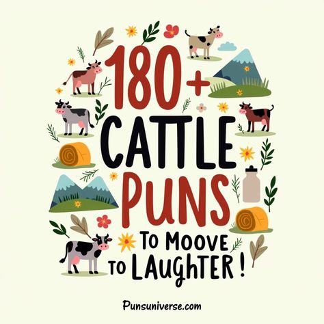 Get ready to graze on some laughter! 🐄✨ Our collection of "180+ Cattle Puns to Mooove You to Laughter" is udderly hilarious and perfect for any pun lover! From witty one-liners to side-splitting jokes, these puns will surely tickle your funny bone. Don't miss out on the best moo-ments of humor! #Puns #LaughterIsTheBestMedicine #MooMoo #FunnyQuotes #BovineHumor #PunLovers #HilariousPuns Berry Puns, Cow Puns, Pun Quotes, Barn Dance, Witty One Liners, The Barnyard, Animal Puns, Bedroom Signs, One Liner