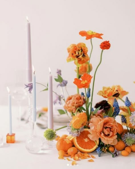 Persimmon Wedding Colors, Fruit And Flower Table Decor, Orange Floral Tablescape, Orange Citrus Wedding Decor, Fruit In Centerpieces, Fruit Table Setting Wedding, Modern Citrus Wedding, Colorful Candle Tablescape, Event Table Decor Ideas