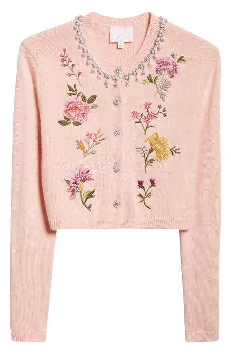 Floral embroidery, sparkling crystals and pearly beads make an enchanting statement on a lightweight, wool-enriched cardigan. 18 1/2" length (size Medium) 6mm pearls Front button closure Crewneck Long sleeves 70% acrylic, 30% wool Dry clean Imported Embroidery Spring, Pastel Embroidery, Pink Pearls, Floral Clothes, Wishlist 2024, Pastel Sweater, Floral Coat, Beaded Cardigan, Elegant Outfit Classy