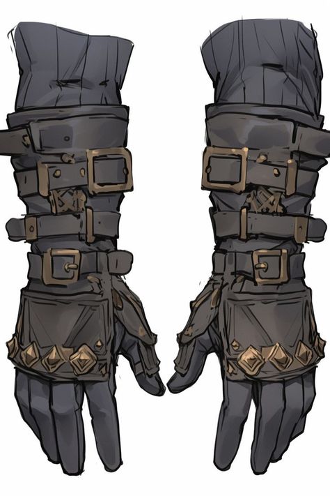 Anime Gloves Reference, Gloves Design Drawing, Dnd Armour Items, Leather Gloves Drawing, Leather Armor Drawing, Leather Armor Art, Leather Armor Design, Gauntlets Concept Art, Leather Armor Dnd