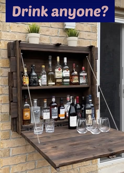 Upcycled my cedar deck boards to make this Murphy Bar and gave it the burnt wood look!! Ideas De Mini Bar, Mini Bar Ideas Small Spaces, Wall Bar Cabinet, Bar Ideas Small Spaces, Bar Wall Ideas, Mini Bar Ideas, Look Bar, Mini Bar At Home, Murphy Bar