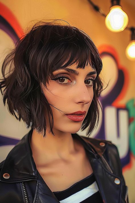 Inverted bob with choppy bangs offering a bold and modern look Short A Line With Bangs, Tapered Bob With Bangs, Alternative Bob Haircut, Goth Bob Haircut, Microbangs Short Hair, Bob With Choppy Bangs, Mid Short Hair, A Line Bob With Bangs, Trending Short Haircuts