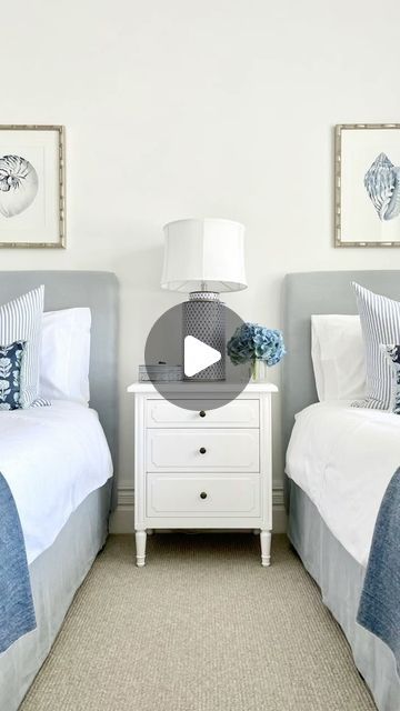 Kylie Redden STYLIST Classic · Coastal · Hamptons · Luxe on Instagram: "CLASSIC COASTAL CHIC BEDROOM! 💙✨ 3️⃣ Key features of a coastal bedroom PLUS 3️⃣ ways to create a “coastal inspired” bedroom look anywhere! 

Three key features of this coastal twin bedroom I designed are:
1️⃣ Beachside location!
2️⃣ Light!
3️⃣ Coastal breezes!

HOWEVER you can recreate my coastal chic bedroom look wherever you are located by using these three key features: 

1️⃣ White paint! I adore bright whites! 
2️⃣ Layers of texture! Linen, cotton, cashmere & wool! 
3️⃣ Beautiful blues! Bedding, cushions, lamps, fresh flowers, artwork! 

If you have any questions about our coastal twin bedroom, pop a comment below! ⬇️ 

Wishing you a beautiful day ahead. We have blue skies & sunshine here! x 

Design, photos & sty Coastal Twin Bedroom, Coastal Chic Bedroom, Coastal Bedrooms Serena & Lily, Coastal Bedrooms Beds & Frames, Bedding Cushions, Coastal Master Bed Serena & Lily, Twin Size Comforter. Coastaal, Flowers Artwork, Coastal Breeze