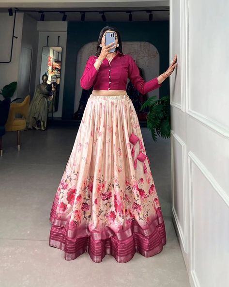 Rate : 1250 #apex__outfit Embrace the allure of tradition with the modern charm of floral prints – the Dola Silk lehenga choli speaks volumes in elegance🩷 Lehenga(Stitched) : Lehenga Fabric : Dola Silk Lehenga Work : Floral Print With Sequins and Zari Border Lehenga Waist : SUPPORTED UP TO 42 Lehenga Closer : Drawstring with Hand made Tassels and Zip Stitching : Stitched With Canvas Length : 41 Flair : 3.50 Meter Inner : Micro Cotton Blouse(Stitched) : Blouse fabric : Banglory Blouse Wor... Long Skirt Outfits For Summer, Long Skirt Top Designs, Zip Stitching, Dress Designs For Stitching, Silk Lehenga Choli, Long Frock Designs, Simple Lehenga, Rani Pink, Floral Lehenga