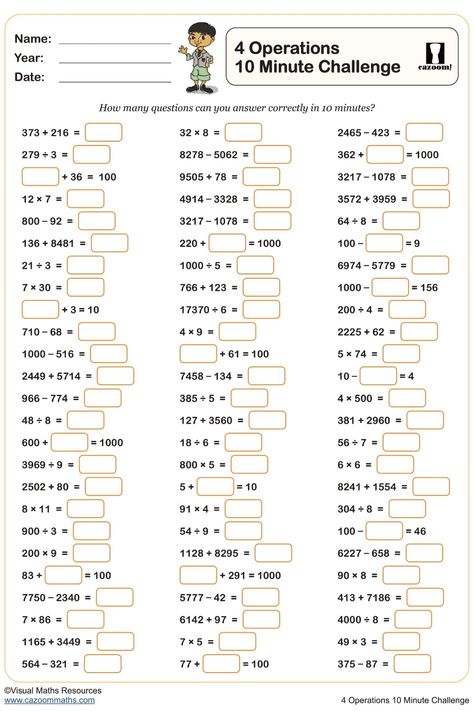 Enhance your students' mental arithmetic skills with this engaging 4 Operations 10 Minute Challenge worksheet. Ideal for a quick warm-up activity, this dynamic exercise covers multiplication, division, addition, and subtraction. Perfect for sharpening math abilities in a fun and time-efficient manner. Great for classroom use or homeschooling settings. Year 10 Maths Worksheets, Division Activities 3rd Grade, Year 9 Maths Worksheets, Ks3 Maths Worksheets, Ks1 Maths Worksheets, Year 6 Maths Worksheets, Year 7 Maths Worksheets, Year 1 Maths Worksheets, Maths Sums