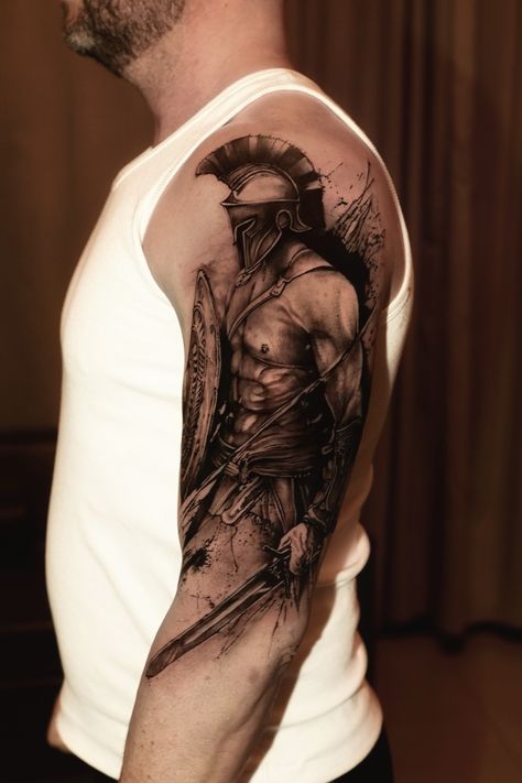 Warrior Arm Tattoo For Men, Mens Spartan Tattoo, Lion And Spartan Tattoo, Gladiator Tattoos For Men, All Arm Tattoo Men, Staff Of Hermes Tattoo, Spartan Shoulder Tattoo, Gladiator Tattoo Design For Men, Spartan Shield Tattoo