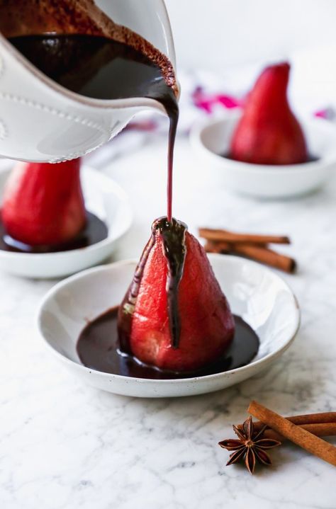 Wine Poached Pears w/ Chocolate & Cardamom Red Wine Poached Pears, Pears In Red Wine, Chocolate Cardamom, Wine Birthday Party, Wine Poached Pears, Chocolate Wine, Red Pear, Poached Pears, Fruity Recipes