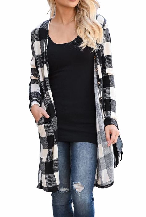 Casual Winter Outfits For Women, Tricotin Long, Knee Length Cardigan, Gilet Kimono, Patch Cardigan, Sweaters Fall, Buffalo Plaid Shirt, Winter Outfits For Women, Cardigan Kimono