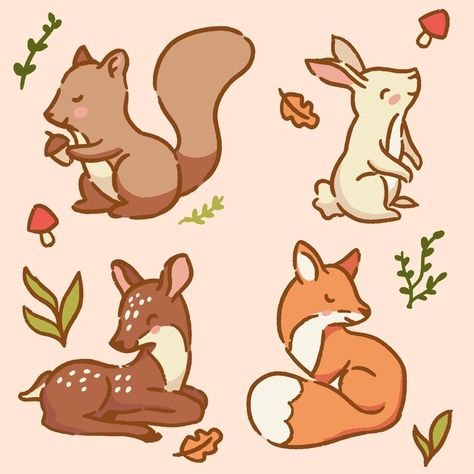 Animals In The Forest Drawing, Vector Forest Illustration, Forest Cute Drawing, Cartoon Forest Animals, Cute Forest Animals Drawing, Forest Animals Drawing, Cute Deer Drawing, Woodland Creatures Art, Forest Doodles