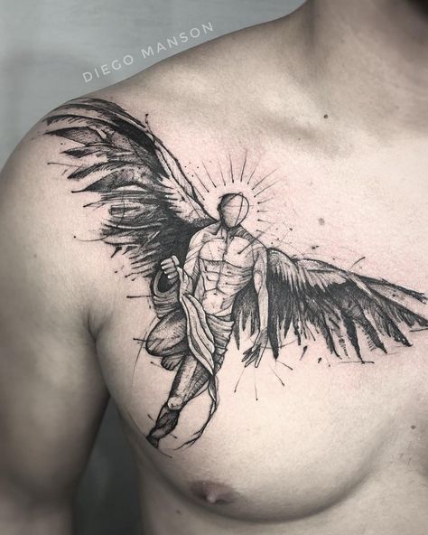 Mythological Tattoos For Men, Sketchy Tattoo, Sketch Style Tattoos, Tattoo Placements, Angel Tattoo Designs, Inspiration Tattoos, Sketch Tattoo Design, Chest Tattoo Men, E Tattoo