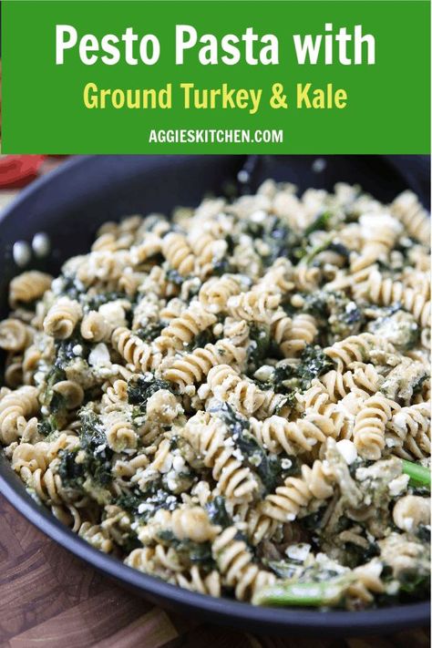 This healthy Pesto Pasta with Ground Turkey and Kale is a super easy weeknight meal that will get your kids eating kale! Hearty and healthy recipe for busy nights. Recipe via aggieskitchen.com  #groundturkey #pasta #pastarecipe #pesto #healthyrecipe #healthydinner #aggieskitchen via @aggieskitchen Ground Turkey Pesto Pasta Recipes, Ground Turkey Pesto Recipes, Pesto And Ground Turkey, Ground Chicken Pesto Pasta, Kale And Ground Turkey Recipes, Ground Turkey Kale Recipes, Pesto Ground Turkey, Ground Turkey Pesto Pasta, Turkey Pesto Pasta