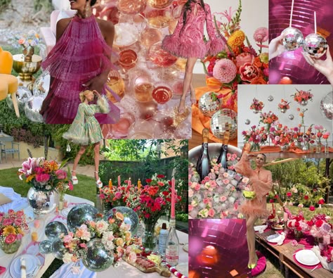 60s Garden Party, Eclectic Party Theme, Garden Party Disco, Disco Garden Party Aesthetic, Disco Flower Party, Garden Disco Party, Outdoor Disco Party, Wonderland Dinner Party, Disco Dinner Party