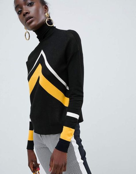 Asos Design ASOS DESIGN high neck sweater with chevron pattern Chevron Sweater, High Neck Jumper, High Neck Sweater, Knitwear Fashion, Sport Style, Sport Chic, Black Women Fashion, Op Art, Nike Outfits