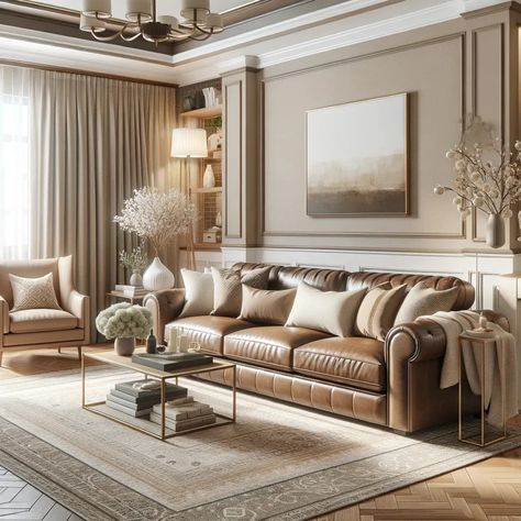 beige with brown leather couch Cozy Tan Living Room, Browns And Cream Living Room, Beige Sitting Room Ideas, Beige Panelling Living Room, Beige Leather Sofa, Gold Sofa Living Room Color Schemes, Brown Leather Sofa Living Room Ideas, Cushions To Go With Brown Leahter Sofa, Brown And Beige Living Room Ideas