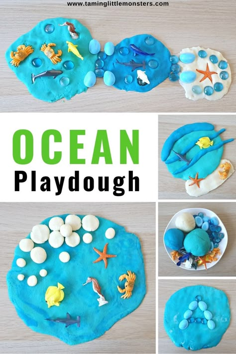 Ocean Playdough - invitation to play for kids. A fun sensory and fine motor activity for toddlers and preschoolers to try this summer. #summer #sensory #finemotor #toddler #preschool #kindergarten Ocean Playdough, Summer Crafts For Infants, Simple Summer Crafts, Playdough Invitation, Summer Crafts And Activities, Crafts For Infants, Summer Sensory, Sensory Activities For Kids, Sea Activities