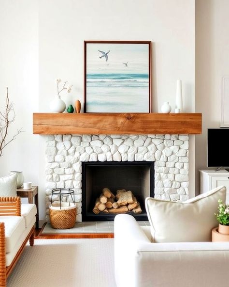 15 Coastal Fireplace Ideas To Bring Beachy Vibes Indoors Beachy Fireplace Tile Ideas, Beach Fireplace Ideas, Coastal Fireplace Decor, Beach House Fireplace Ideas, Coastal Fireplace Ideas, Beach House Fireplace, Beach Fireplace, Coastal Fireplace, Wood Fireplace Surrounds