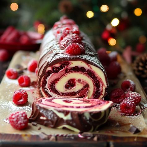 Raspberry Chocolate Yule Log Recipe | Festive Dessert Chocolate Yule Log Recipe, Yule Log Cake Recipe, Yule Log Recipe, Chocolate Yule Log, Yule Log Cake, Cake Roll Recipes, Raspberry Chocolate, Festive Desserts, Food Log