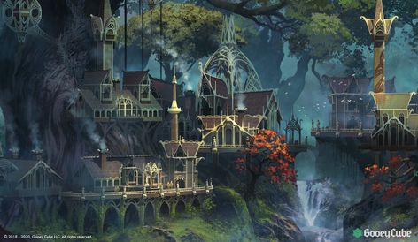 ArtStation - Elven city in forest, Ferdinand Ladera Elven Architecture, Dnd World Building, Elf City, Fantasy Artwork Landscape, Elven City, Canyon City, Tree Town, Fantasy Cities, Fantasy Town