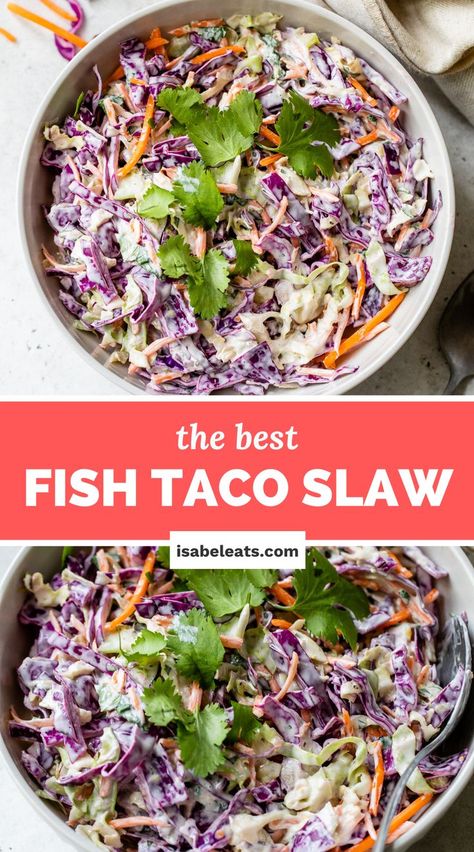 looking down at a bowl of fish taco slaw topped with chopped fresh cilantro Fish Taco Coleslaw Recipe, Fish Taco Cabbage Slaw, Cabbage Slaw For Tacos, Fish Taco Slaw, Fish Taco Toppings, Slaw For Tacos, Slaw For Shrimp Tacos, Taco Slaw, Slaw For Fish Tacos