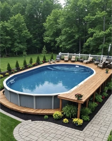 Above Ground Pool In The Country, Over The Ground Pool Deck, Dug In Above Ground Pool, Above Ground Pool With A Deck, Above Ground Pool Close To House, Above Ground Pool Stone Surround, Half Sunk Above Ground Pool, Airbnb Yard Ideas, Deck Pool Above Ground