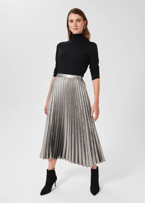 Annabella Pleated Skirt | Silver Pleated Skirt, Metallic Pleated Skirt, Silver Skirt, Embellished Sweater, Hobbs London, Embellished Sweaters, Skirt Outfit, Pleated Midi Skirt, Knitwear Women