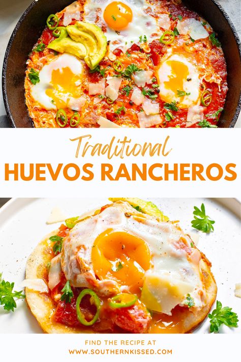 Traditional Huevos Rancheros is a well-known Mexican dish that is perfect to add to any brunch menu. The heart of this dish includes lightly fried eggs sitting atop a savory tomato base. The best part is that this combination works so well together that you can even eat them for dinner. Fried Egg Recipes Dinners, Huevos Rancheros Recipe Mexican, Huevos Rancheros Recipe Authentic, Mexican Breakfast Buffet, Mexican Food Breakfast Recipes, Mexican Breakfast Recipes Easy, Best Mexican Breakfast Recipes, Fried Egg Meals, Mexican Egg Recipes