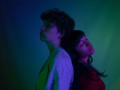 photography | led lights | portrait Two Person Portrait Photography, Neon Couple Photography, Colorful Lights Photoshoot, Couple Photoshoot Night Lights, Sunset Projection Lamp Photoshoot, Ultraviolet Light Photography, Split Lighting, Couple Poses Reference, Portrait Lighting