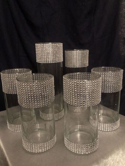 Dollar Store Wedding Ideas, Wedding Centerpieces Cylinder Vases, Dollar Store Wedding, Diamonds And Denim Party, Bling Centerpiece, Anniversary Centerpieces, Engagement Party Decor, Diamond Centerpiece, Gold Centerpieces