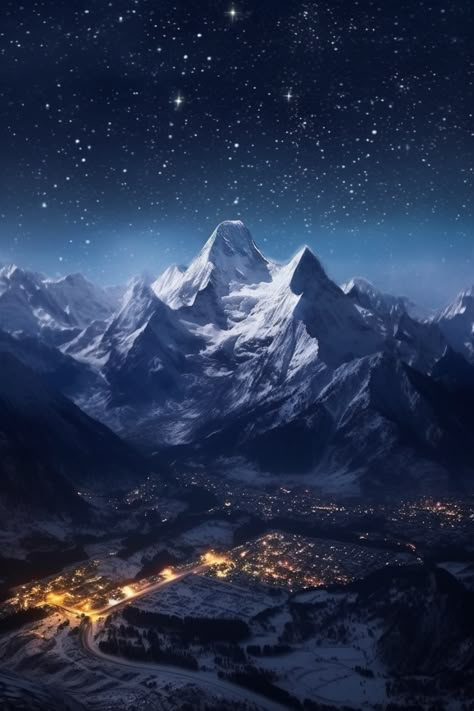 Immerse yourself in the beauty of a winter night with this mesmerizing print art. The dark sky, adorned with countless stars, sets a breathtaking stage for the majestic mountains. In the foreground, a city twinkles like diamonds on black velvet, casting an enchanting glow. #GiveMeMood #snow #landscape #nature #stars #mountainrange #sky #outdoor #night #winter #skiing #dark #majestic #cityilluminated #darkness #aweinspiringbackdrop #decor #pastel #bathessentials Mountains At Night, Mountain Trekking, Mountain Aesthetic, Snow Landscape, Night Sky Painting, Winter Skiing, Mountain City, Winter City, Snowy Mountain