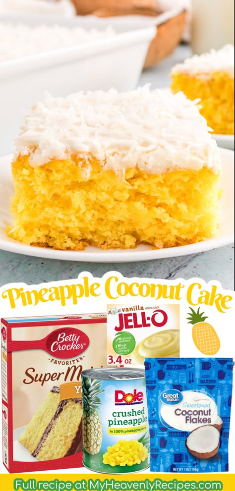 Pineapple Coconut Cake Recipe, Moist Pineapple Cake, Pineapple Coconut Cake, Coconut Pineapple Cake, Coconut Cream Frosting, Pineapple Cake Recipe, Cake Mix Recipe, Pineapple Dessert, Boxed Cake Mixes Recipes