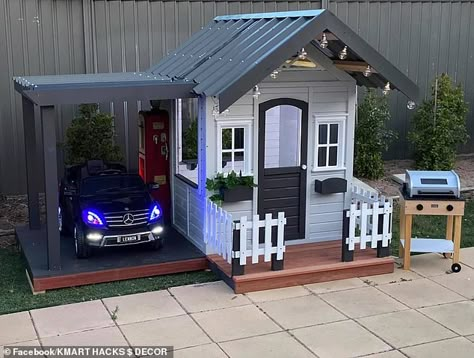 Father turns a $199 Kmart cubby house into a spectacular mansion for his toddler son | Daily Mail Online Kmart Cubby House, Kmart Cubby, Cubby House Ideas, Kids Cubby, Kids Cubby Houses, Playhouse Makeover, Kids Cubbies, Playhouse Ideas, Play Area Backyard