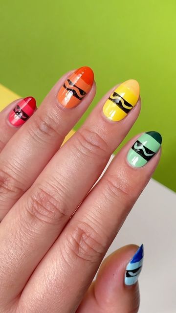 Sigourney Nuñez on Instagram: "Back to school nails 🍎🖍️🚌   Colors using @essie ✏️   #backtoschool #backtoschoolnails #crayons #crayonnails #nailart #diynails #shortnailinspo" English Teacher Nails, School Theme Nails, Crayon Nails, Teacher Nails, Graduation 2025, Back To School Nails, School Nails, Nails Colors, School Themes