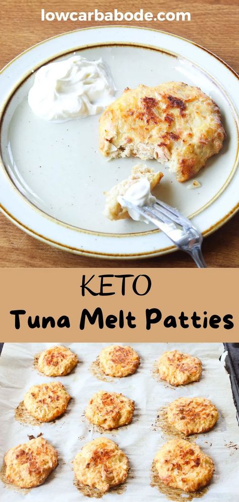 These Keto Tuna Melt Patties are a delicious and cheesy alternative to tuna melt sandwiches for anyone who is on a low-carb diet. Keto Tuna Melt Patties, Tuna Melt Patties, Tuna Carnivore Recipes, Carnivore Tuna Patties, Tuna Melts In The Oven, Tuna Patty Melt, Keto Tuna Melt, Tuna Patties Healthy, Melt Sandwiches