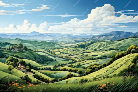 Premium Photo | Landscape with mountains and clouds rolling hills with fields gently undulating Landscape With Mountains, Photo Landscape, Semi Realism, Watercolor Landscapes, Branding Design Packaging, My Art Studio, Drawing Images, Flyer Maker, Business Card Maker