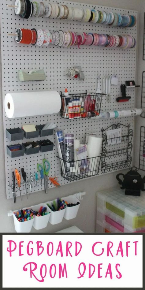 Pegboard Ribbon Storage, Craftroom Pegboard Organization, Art Classroom Organization Ideas, Peg Board Embroidery Organization, Sewing Pegboard Organization, Cricut Pegboard Organization, Dollar Tree Peg Board Ideas, Craft Station Ideas, Craft Wall Organization