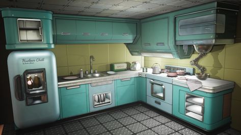 Curly Copper Hair, Fallout Aesthetic, Fictional Country, Vegas Ideas, Magical Cottage, Fallout Rpg, Starter House, Retro Kitchens, Fallout Game