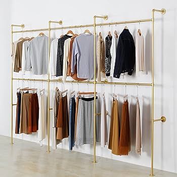 ZGZR Wall Mounted Industrial Pipe Clothing Garment Racks, Metal Clothing Store Display Stands Clothes Rack Multi-purpose Heavy Duty Hanging Rod for Closet Storage, 134in Gold : Amazon.ca: Home Pipe Clothes Rack, Messy Clothes, Industrial Clothing, 4 Tier Shelf, Clothing Store Displays, Clothing Store Interior, Pipe Decor, Clothing Displays, Store Interiors