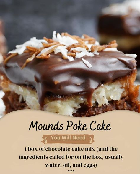 FAMILY RECIPE GROUP | Mounds poke cake  | Facebook Mounds Poke Cake Recipes, Mounds Poke Cake, Cat Desserts, 9x13 Desserts, Reese's Recipes, Mounds Cake, Heaven Cake, Mounds Bar, Fast Appetizers