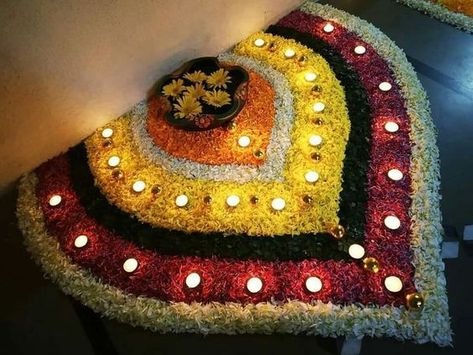 Flower Decorations For Diwali At Home, House Light Decoration For Diwali, Flower Decoration Rangoli, Border Flower Rangoli, Diwali Flower Rangoli Designs Simple, Ganpati Flower Rangoli, Diwali Flowers Rangoli, Rangoli Made With Flowers, Diwali Rangoli Flowers Design