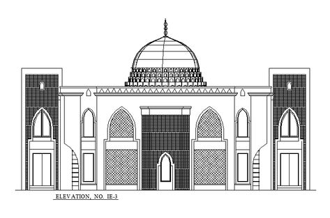 Mosque Front Elevation Design Download DWG File - Cadbull Mosque Elevation, Mosque Design Islamic Architecture, Front Elevation Design, Ceiling Plan, Architecture Elevation, Mosque Design, Window Detail, Basement Plans, Triangle Art