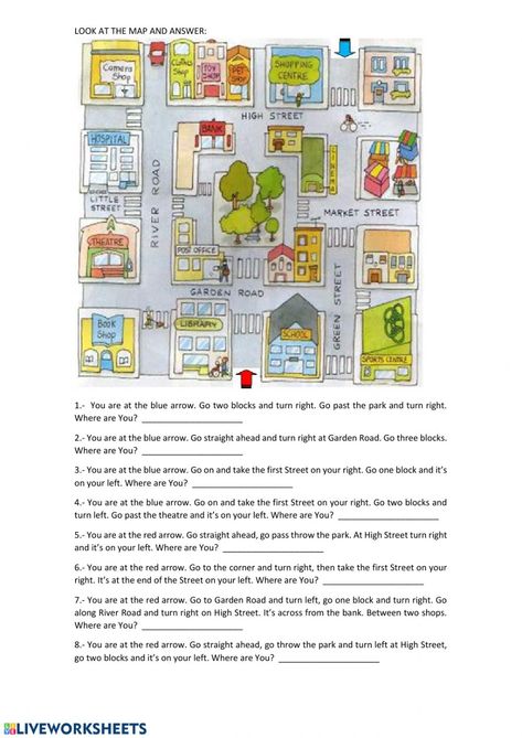 Giving directions exercise. You can do the exercises online or download the worksheet as pdf. Giving Directions Map, Town Drawing, English Teaching Materials, Map Projects, Map Activities, English Exercises, Maps For Kids, Esl Lessons, Give Directions