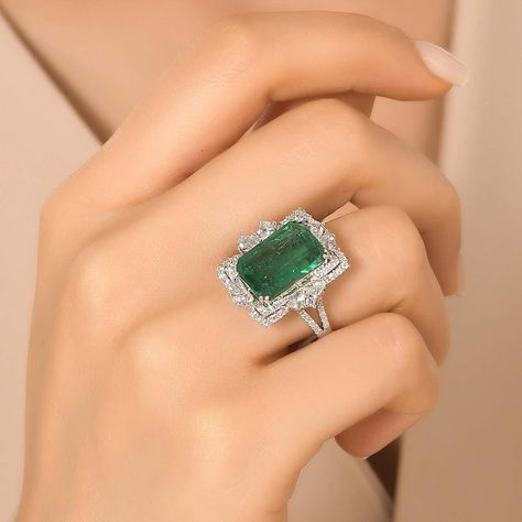 For Sale on 1stDibs - An HRD Antwerp Certificate Accompanies The 6.88 Carat Emerald Cut Fancy Green Ring. This Incredible Bright Emerald Is Full Of Life, And It Is Set In A Emerald Green Diamond Ring, Cocktail Diamond Ring Designs, Cocktail Diamond Ring, Emerald Jewelry Ring, Emerald Green Ring, Diamond Ring Designs, Jewelry Goals, Emerald Ring Design, Emerald Cocktail Ring