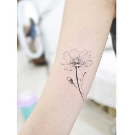 October flower - Cosmo October Flower, Cosmos Tattoo, Art Inspired Tattoos, Universe Tattoo, Leo Tattoos, Small Flower Tattoos, Inspired Tattoos, Upper Arm Tattoos, Birth Flower Tattoos