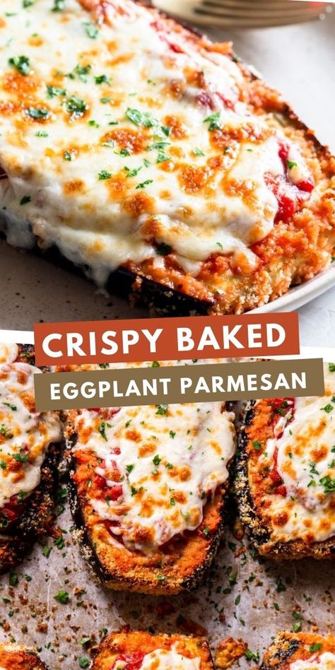 This Crispy Baked Eggplant Parmesan is healthy, easy and delicious. A different way of slicing the eggplant allows it to stay super crispy even though it is baked in the oven. Crispy Baked Eggplant, Baked Eggplant Recipes, Eggplant Recipes Healthy, Baked Eggplant Parmesan, Eggplant Recipes Easy, Eggplant Parmesan Baked, Eggplant Recipes Parmesan, Egg Plant, Eggplant Dishes