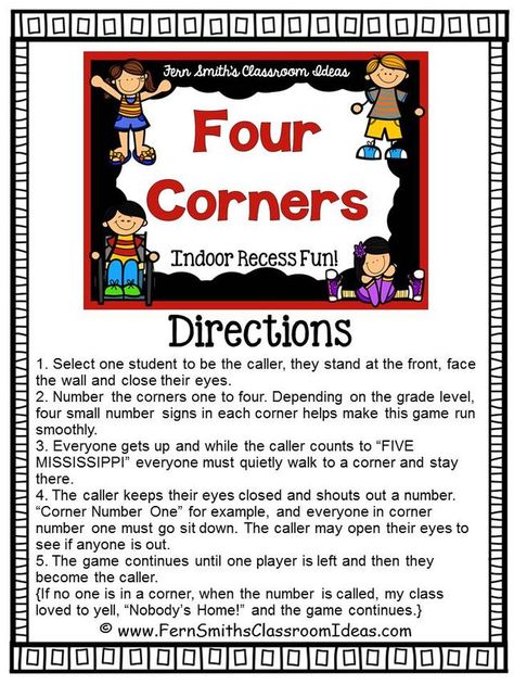 Four Corners GameHave you had a chance to play this great indoor recess game? Two ways to play, tip-toe-quiet or fun-stomping-loud! I have a printable direction sheet on my blog, feel free to visit an Four Corners Game, Indoor Recess Games, Indoor Recess Activities, Recess Activities, Recess Games, Gym Games For Kids, Indoor Recess, Substitute Teaching, Gym Games