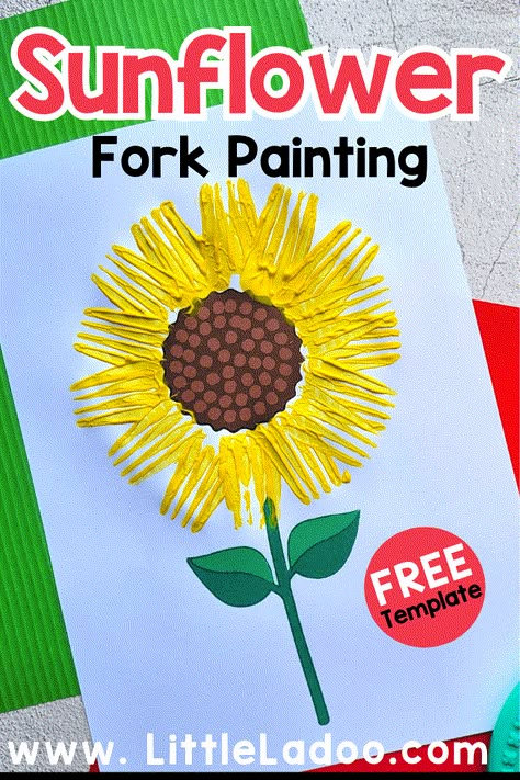 Fork-Painted Sunflower Craft {Free Template} Toddler Sunflower Craft, Fork Flowers Craft, Sunflower Crafts For Preschoolers, Sunflower Crafts For Kids Preschool, August Craft Ideas For Seniors, Sunflower Kids Craft, Sunflower Activities For Toddlers, Sunflower Crafts For Toddlers, Sunflower Preschool Crafts