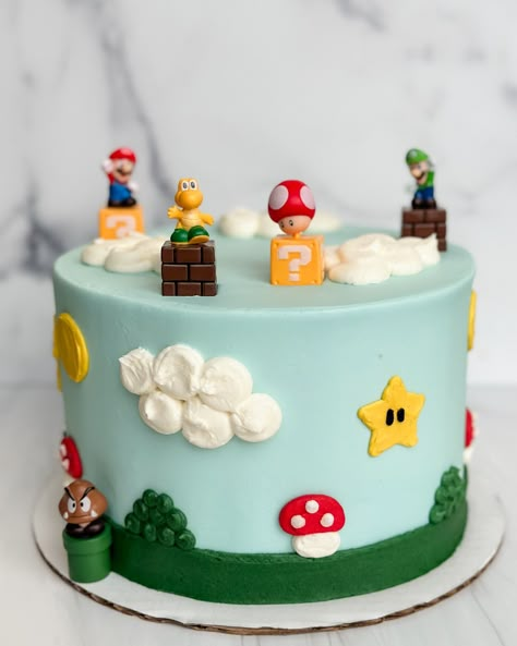 Newest cake on the website: Super Mario! 🍄⭐️ . . . . #hollywoodbakedgoods#EatHBG#seattlewedding#seattlebakery#seattlebaker#seattleeats#bestfoodseattle#seattlefood#seattlecakes#bakery#baking#pnwlife#seattle#bellevue#kirkland#totemlake#customcakes#cakedecorating#supermario Simple Mario Party, Mario Diy Cake, Mario 3d World Cake, Super Mario Smash Cake, Easy Mario Cakes Birthday, Mario Mushroom Cake, Diy Mario Cake Easy, Mario Birthday Party Cake Easy, Mario Smash Cake